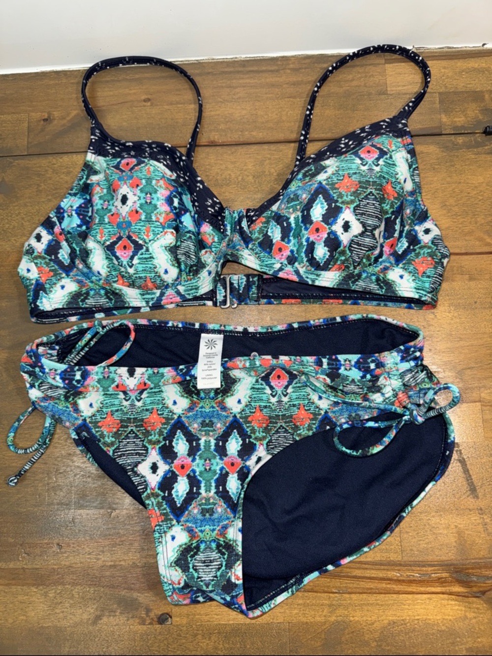 Athleta Navy & Teal Multi-Print Bikini Set high cut brief underwire support